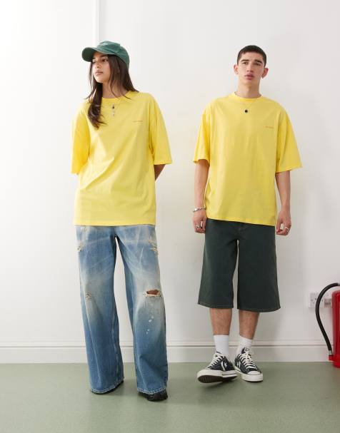 COLLUSION Unisex t-shirt in yellow with orange logo print - view 1