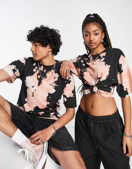COLLUSION - Unisex-T-shirt med logobroderi i sort og lyserød batikfarve