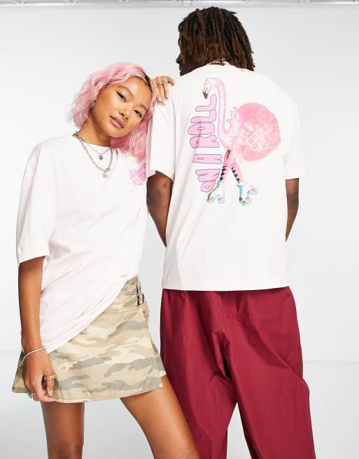 COLLUSION Unisex - T-shirt met flamingo-print in lichtroze