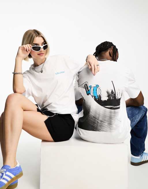COLLUSION Unisex - T-shirt met gelicenseerde skate Mr Bump-print in wit