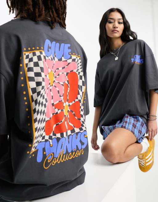 COLLUSION Unisex - T-shirt met 'Give Thanks'-print in antraciet