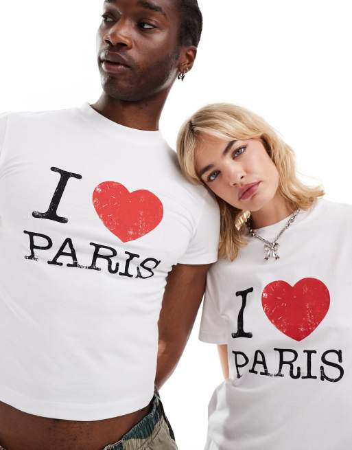 COLLUSION Unisex - T-shirt met grafische I LOVE PARIS-print in wit, 4 van 4