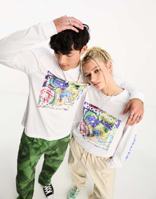 COLLUSION Unisex - T-shirt met lange mouwen en marmerprint in wit