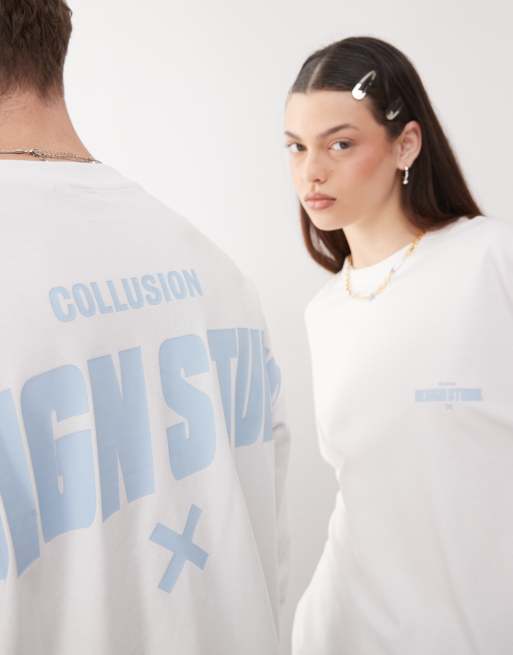 COLLUSION Unisex - T-shirt met lange mouwen en print op de achterkant in wit, 2 van 4