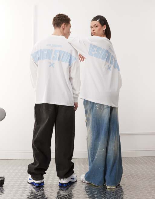 COLLUSION Unisex - T-shirt met lange mouwen en print op de achterkant in wit, 4 van 4