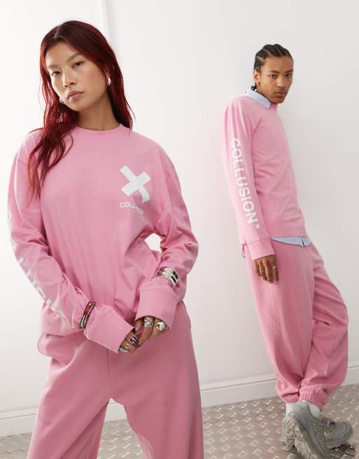 COLLUSION - Unisex T-shirt met logo en lange mouwen in roze