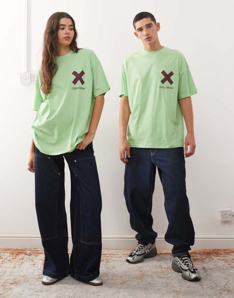 COLLUSION Unisex - T-shirt met logo in groen met bordeauxrode print - view 1
