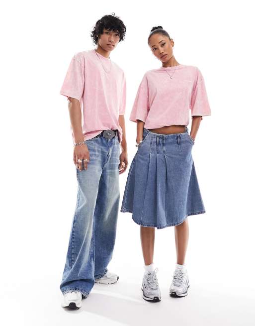 COLLUSION Unisex - T-shirt met logo in roze met wassing
