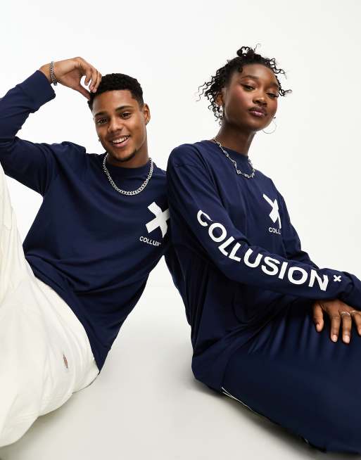 COLLUSION Unisex - T-shirt met logoprint in marineblauw