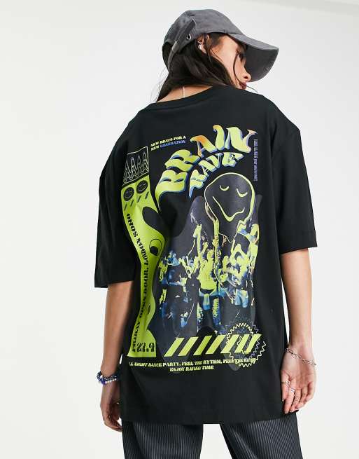 COLLUSION Unisex - T-shirt met rave print in zwart