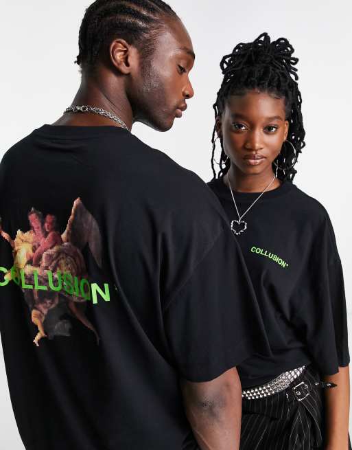 COLLUSION Unisex - T-shirt met Renaissance-print in zwart
