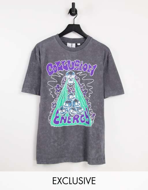 COLLUSION Unisex - T-shirt met schedelprint in antraciet met acid wash