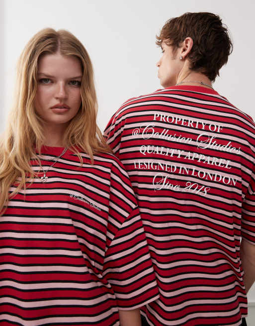 COLLUSION - Unisex T-shirt met skater pasvorm in rood gestreept met print, 2 van 4