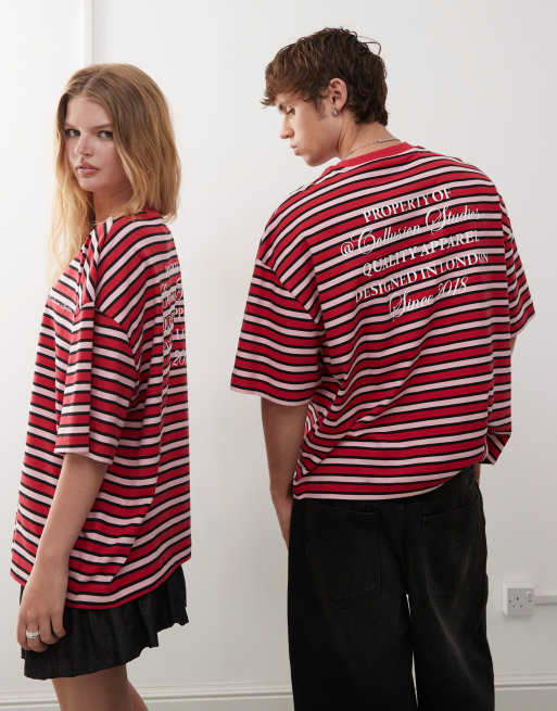 COLLUSION - Unisex T-shirt met skater pasvorm in rood gestreept met print, 4 van 4