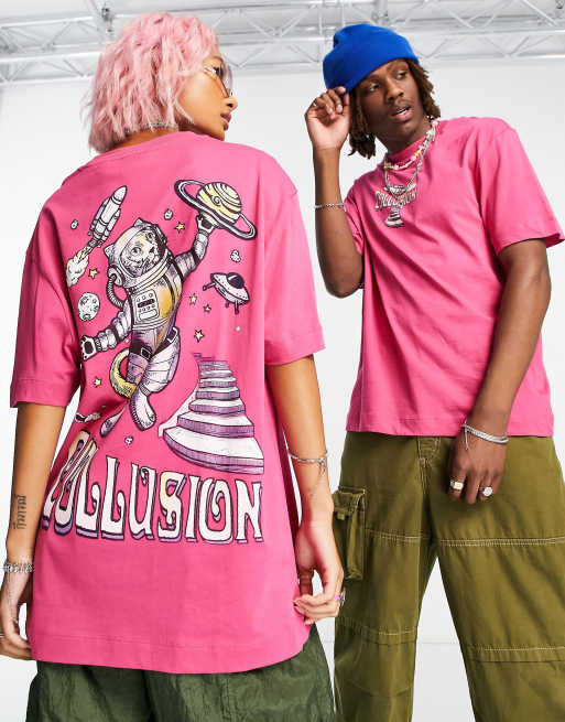 COLLUSION Unisex - T-shirt met space cat-print in roze