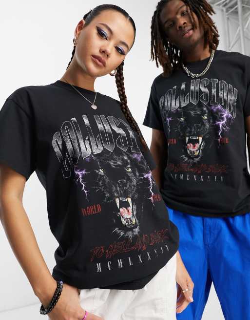 COLLUSION Unisex - T-shirt nera con stampa di lupo