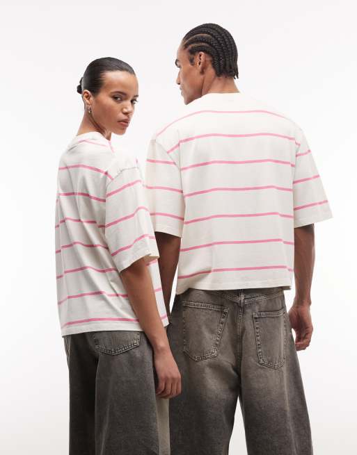 COLLUSION Unisex - T-shirt oversize gialla e rosa a righe con logo, 4 di 4