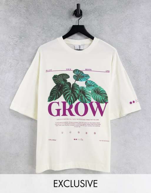 COLLUSION Unisex – T-shirt oversize z piki w kolorze ecru z nadrukiem „Grow”, 1 z 4