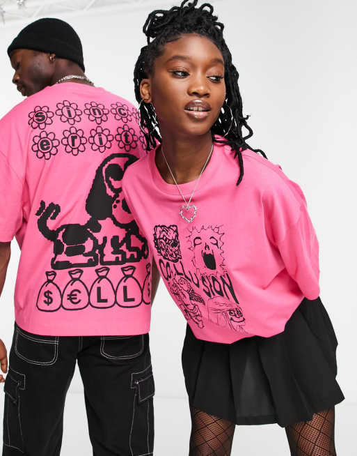 COLLUSION Unisex - T-shirt rosa con stampa