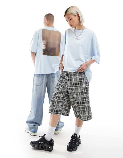 COLLUSION Unisex - T-shirt skate blu con stampa fotografica, 4 di 4