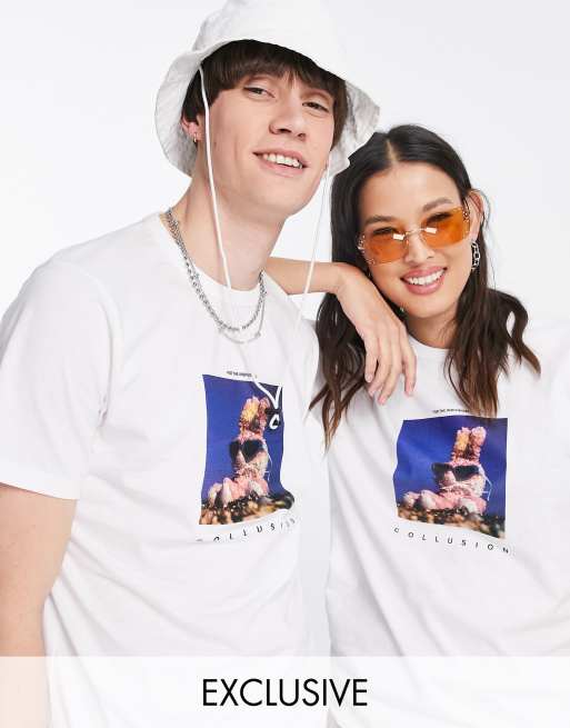 COLLUSION Unisex - T-shirt slim fit con stampa di coniglio