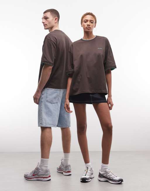 COLLUSION Unisex - T-shirt squadrata marrone a doppio strato, 2 di 4