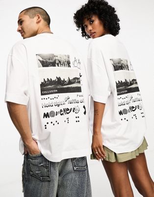 COLLUSION Unisex skater hold tight back print t-shirt in white - ASOS Price Checker