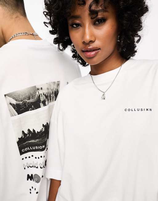 COLLUSION Unisex - T-shirt style skateur avec imprimé Hold Tight au dos - Blanc, 4 de 4