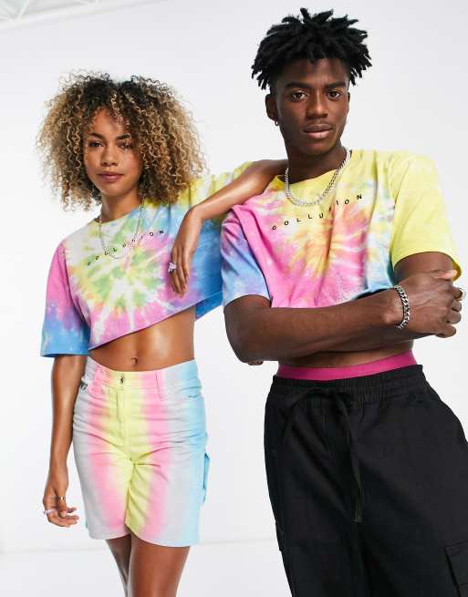 COLLUSION Unisex - T-shirt taglio corto tie-dye con stampa del logo