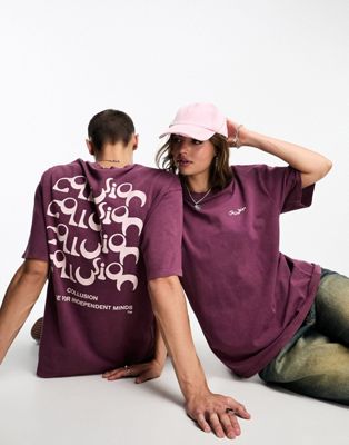 COLLUSION Unisex logo back print t-shirt in washed purple - ASOS Price Checker