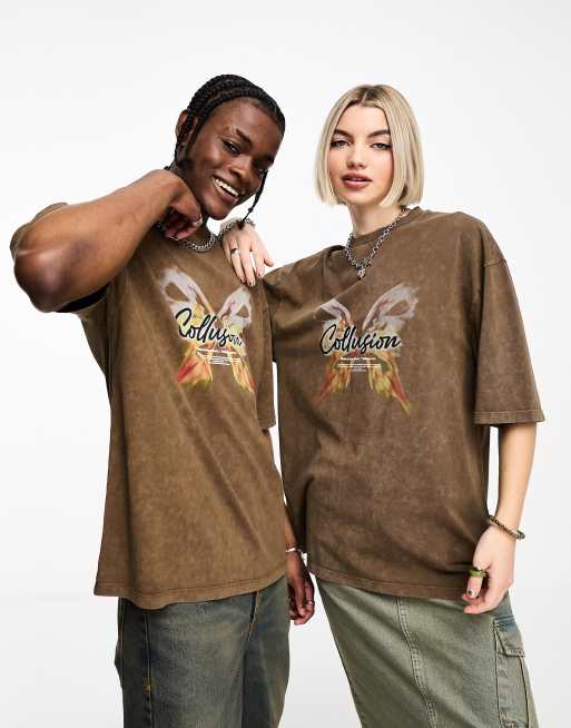 COLLUSION Unisex – T-shirt w spranym brązowym kolorze z nadrukiem motyla w stylu lat 2000.