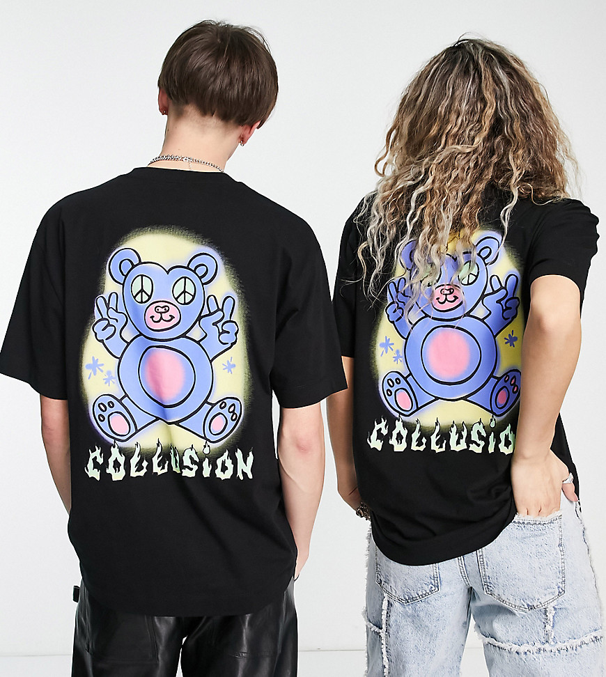 COLLUSION Unisex t-shirt with cute bear print in black