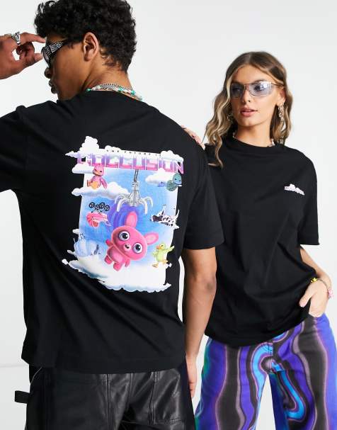 COLLUSION Unisex t-shirt with cute characters print in black - view 1