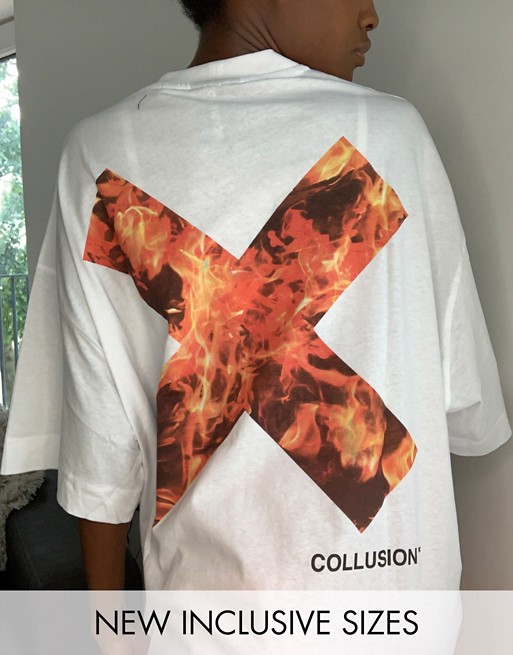 COLLUSION Unisex t-shirt with flame logo print in white