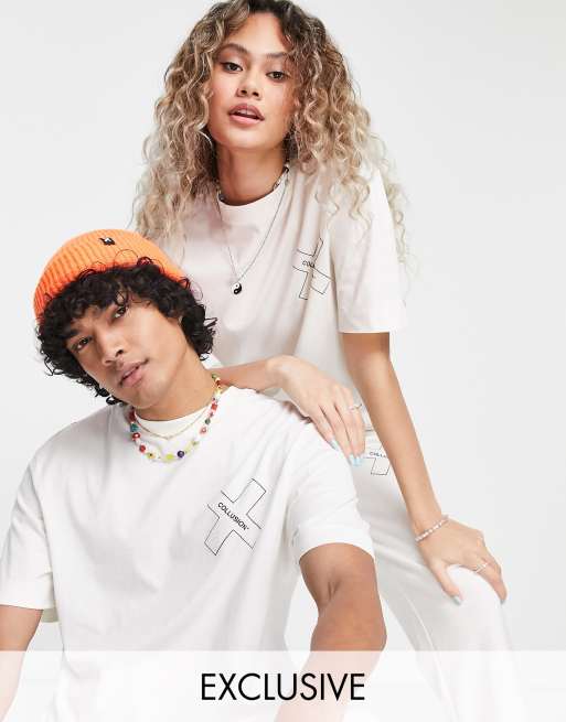 COLLUSION Unisex t-shirt with high build logo print in ecru (part of a set)