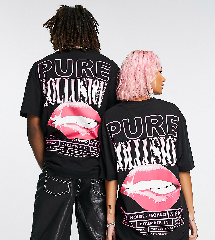 COLLUSION Unisex t-shirt with lip print in black