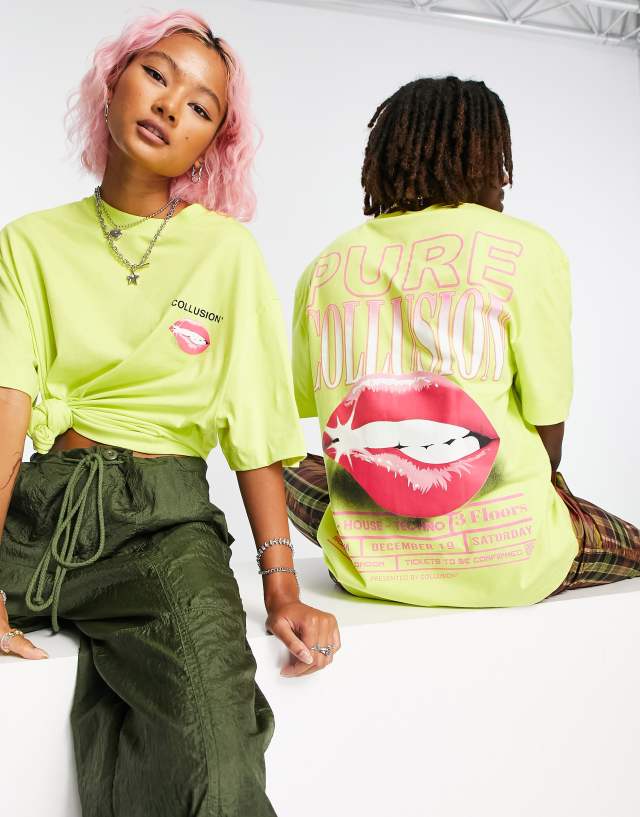 COLLUSION Unisex t-shirt with lip print in yellow