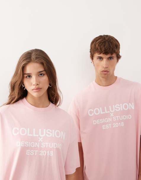 COLLUSION Unisex t-shirt with logo print in pink - view 1