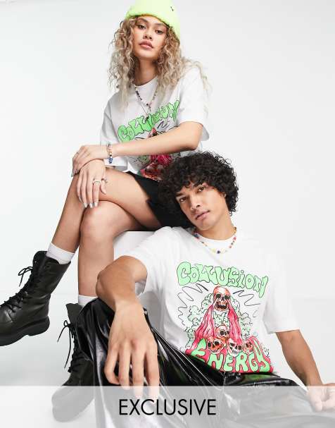 COLLUSION Unisex t-shirt with skull print in white