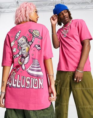COLLUSION Unisex t-shirt with space cat print in pink - ASOS Price Checker