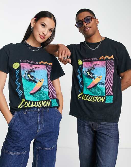 COLLUSION Unisex t-shirt with surf print in black | ASOS