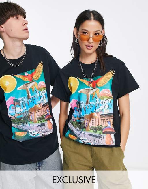 COLLUSION Unisex – T-shirt z nadrukiem miasta z grzybami