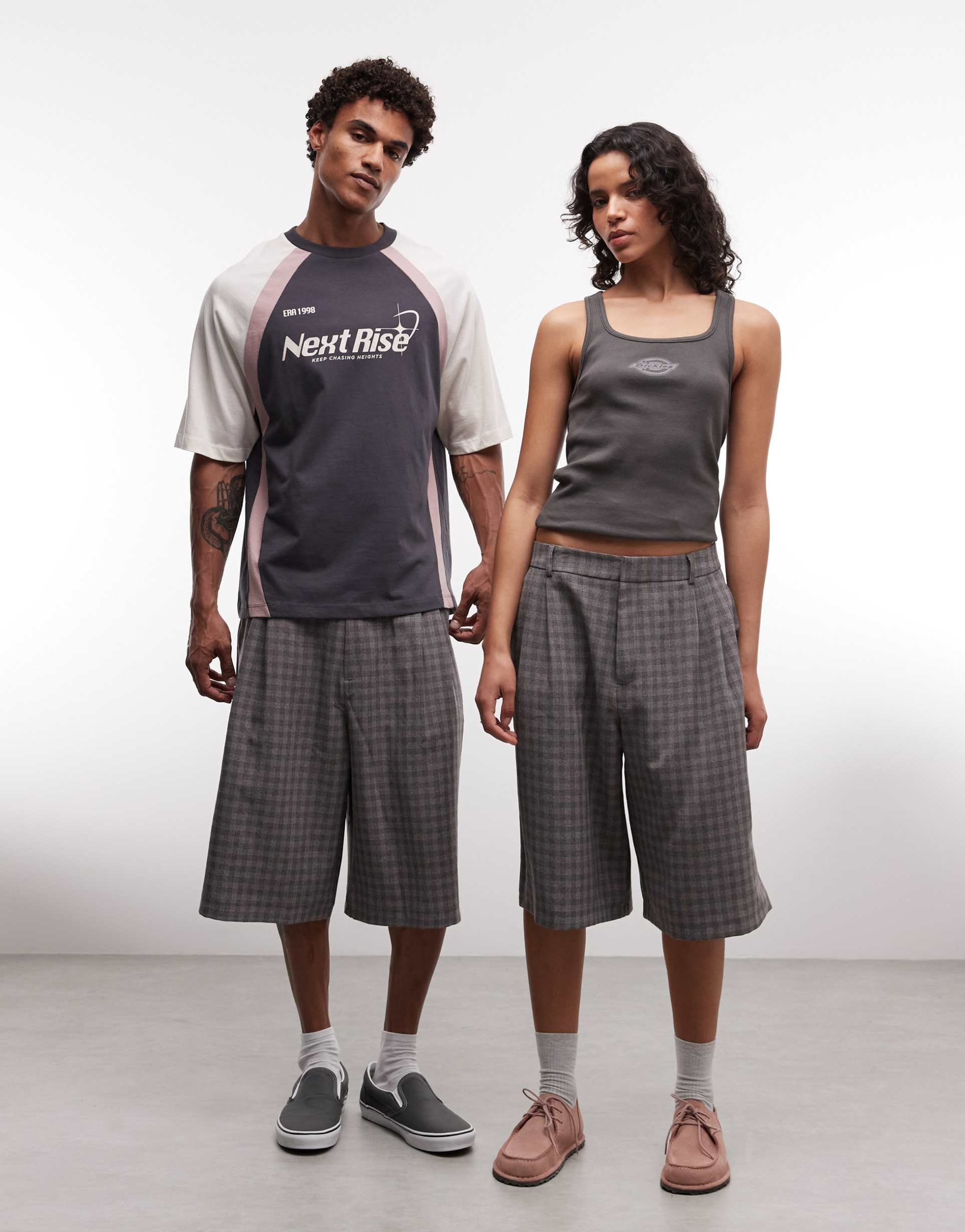collusion unisex tailored jorts in gray and pink plaid