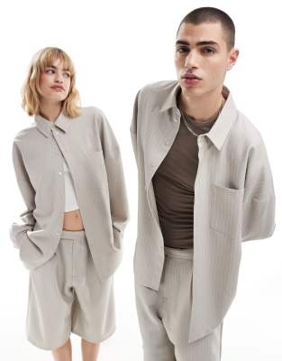 Collusion Unisex Tailored Oversized Shirt In Sand Pinstripe - Part Of A Set-multi