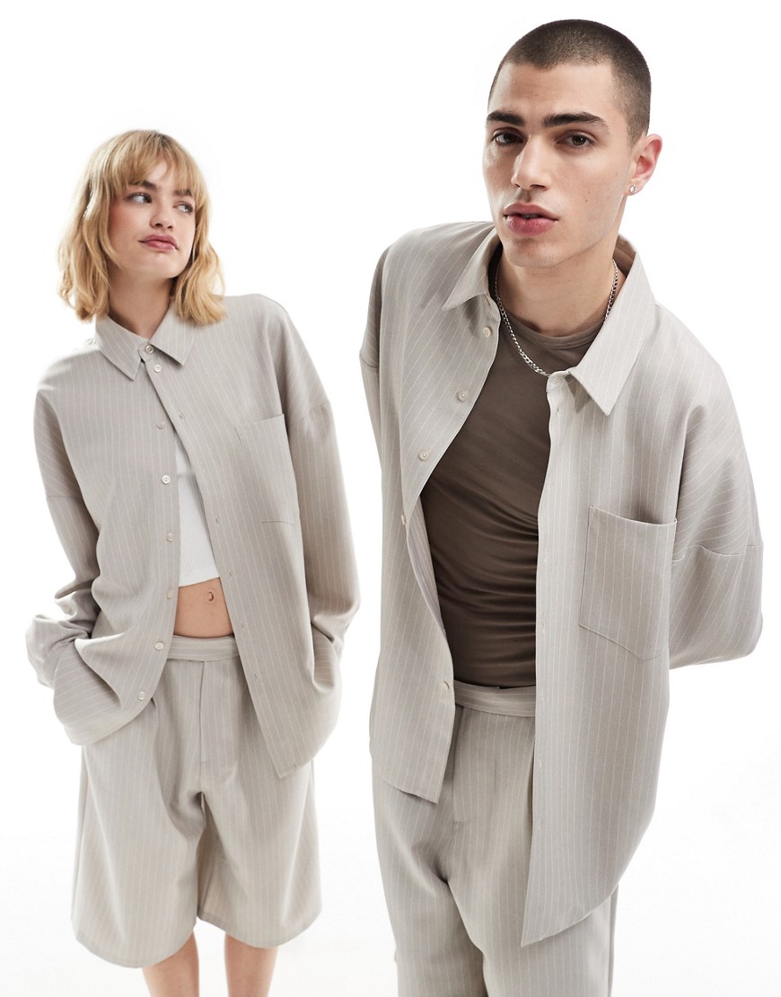 Collusion Unisex Tailored Oversized Shirt In Sand Pinstripe - Part Of A Set-multi
