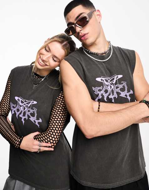 COLLUSION Unisex tattoo front print oversized singlet in charcoal - view 1