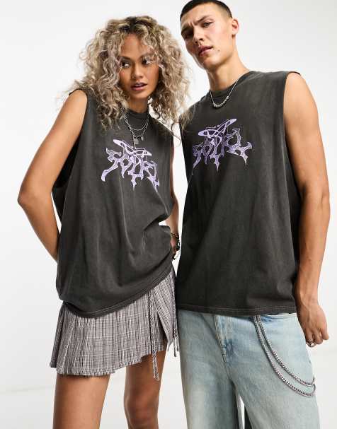 COLLUSION Unisex tattoo front print oversized vest in charcoal - view 1