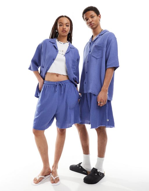COLLUSION Unisex textured longline shorts wired in lavender blue (part of a set)