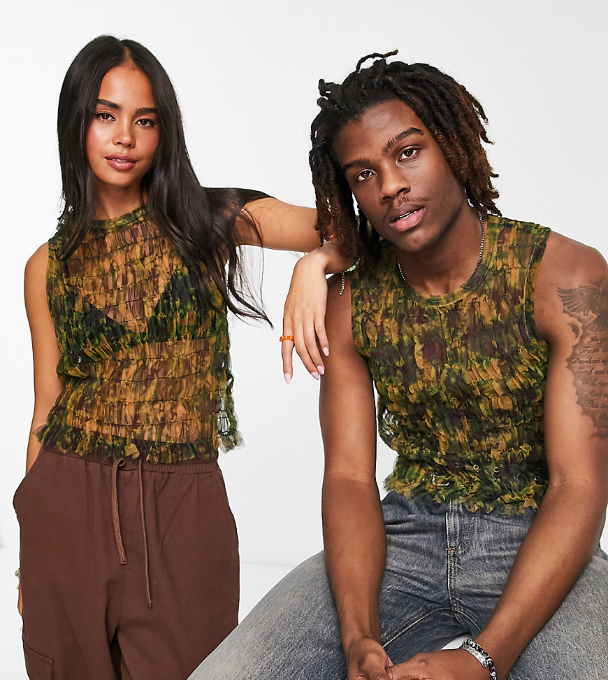 COLLUSION Unisex textured printed mesh tank top in green