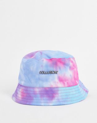 COLLUSION Unisex tie dye bucket hat with metal logo